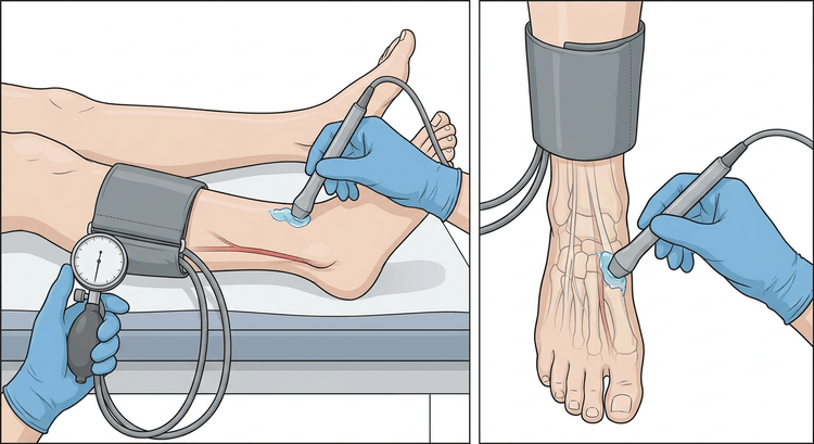 Two views of the same foot with a blood pressure cuff above the malleoli and a Doppler probe held obliquely against the skin behind the medial malleolus and on the dorsum of the foot respectively