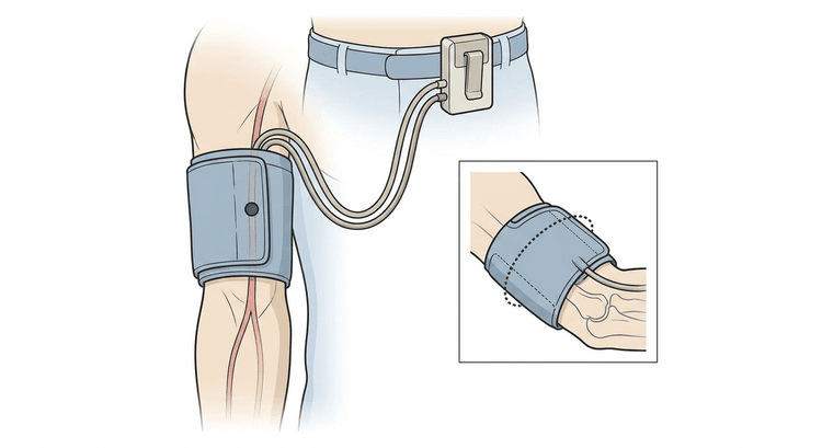 Upper arm seen from the front with a blood pressure cuff placed in the middle of the upper arm, the tubing led up to a recorder on the belt, and a detail of how far the cuff bladder extends around the arm