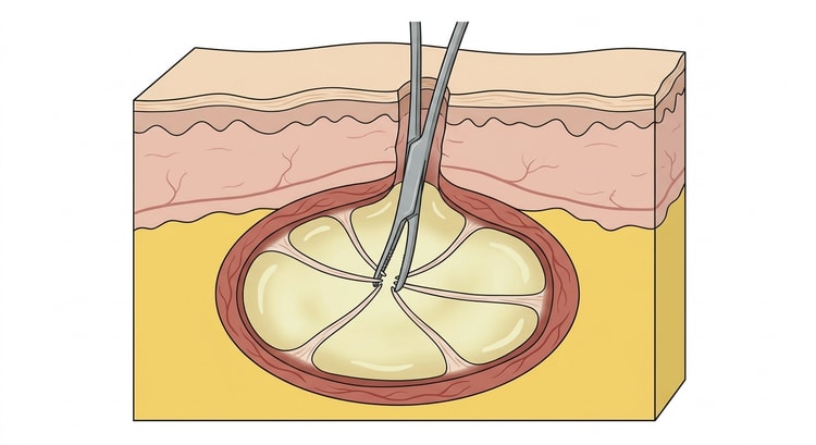 Cross-section through skin and subcutaneous tissue with an abscess cavity in the fat and a haemostat introduced through the incision