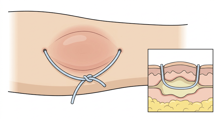 Skin of the forearm with two small incisions at either end of an abscess and a soft loop running beneath the skin and tied loosely on the surface
