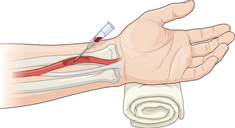 Wrist seen from the palmar side with the radial artery and an arterial catheter inserted at a shallow angle