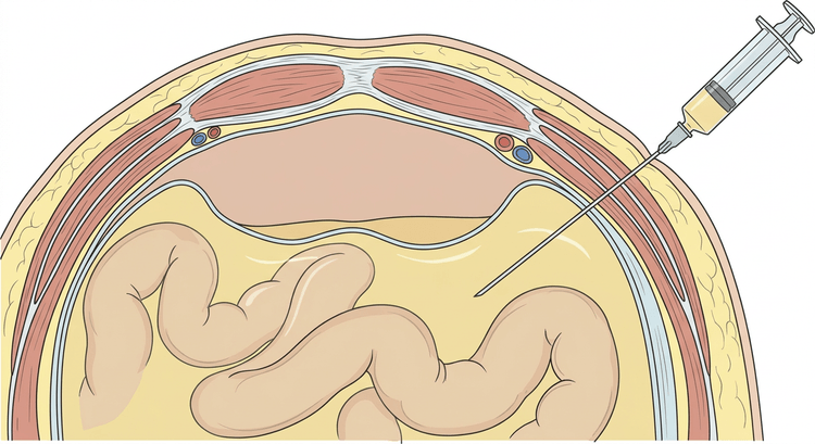 Cross-section through the lower abdominal wall with the rectus muscles in the middle, the epigastric vessels along their lateral borders, and a needle inserted lateral to the rectus sheath through the flat abdominal wall muscles down into the ascitic fluid
