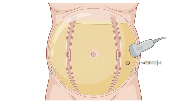 Distended abdomen seen from the front with the umbilicus, the lateral borders of the rectus muscles and the iliac spines visible, and a marked insertion site in the left lower quadrant where the ultrasound probe and needle are applied