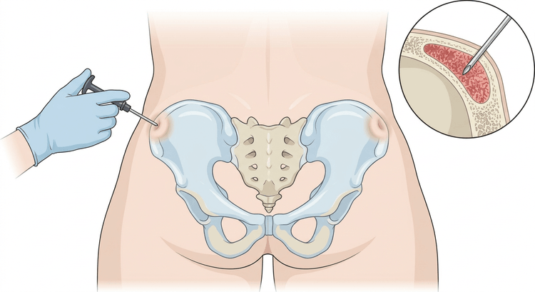 The pelvis seen from behind through the skin, with the bone marrow needle placed over the posterior superior iliac spine and an inset showing the needle tip in the marrow cavity between the two cortical plates of the bone