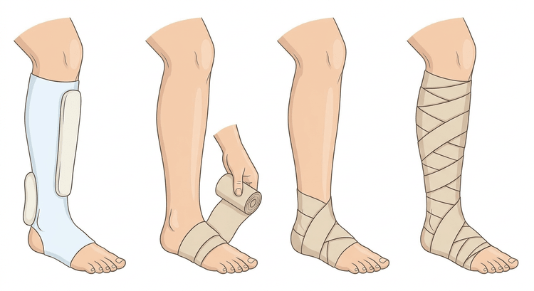 Four steps of compression bandaging on the same lower leg: padding, starting over the ball of the foot, a figure-of-eight around the heel, and the finished bandage up to the knee