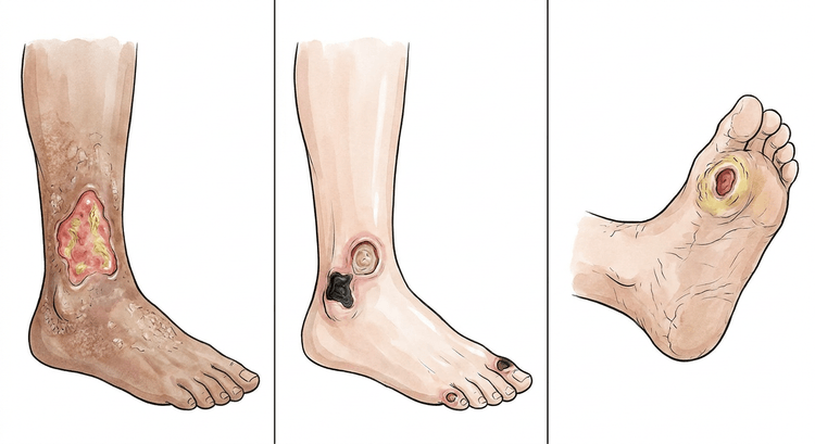 Three lower legs side by side showing a venous ulcer above the medial malleolus, an arterial ulcer over the lateral malleolus and on a toe, and a callus-rimmed ulcer on the sole of the foot