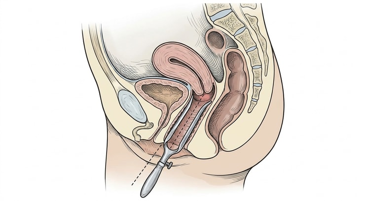 Sagittal section through the female pelvis with a speculum inserted into the vagina and the cervix visible between the blades