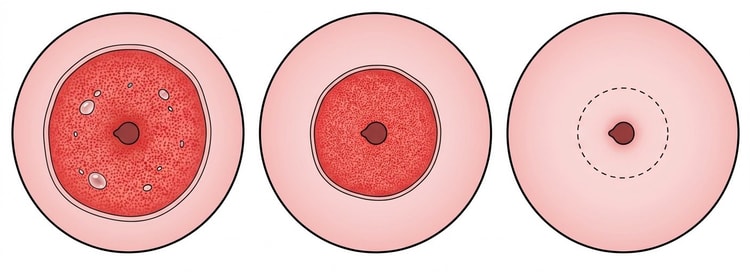 Three views of the cervix from the front in which the border between squamous and columnar epithelium lies progressively closer to the opening of the cervical canal with increasing age