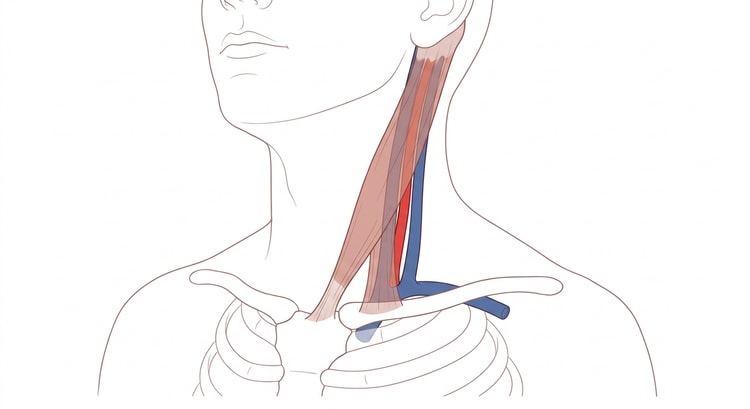 The anatomy of the neck from the front, with the two heads of sternocleidomastoid and the vessels of the carotid sheath