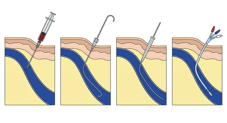 Four panels showing puncture with the needle, introduction of the guidewire, dilatation, and finally the catheter over the guidewire