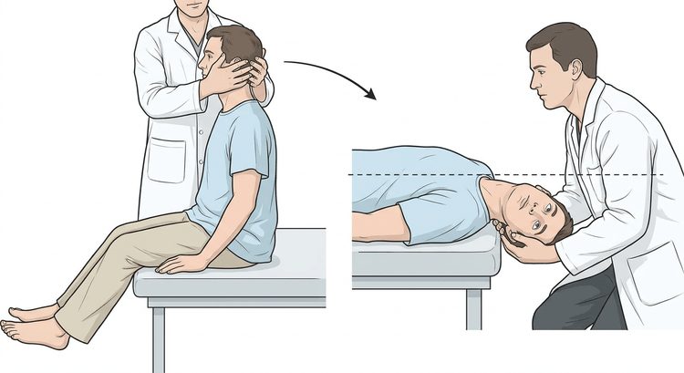 Two panels showing the Dix-Hallpike test: the patient sitting with the head turned 45 degrees, and then supine with the head hanging beyond the edge of the couch