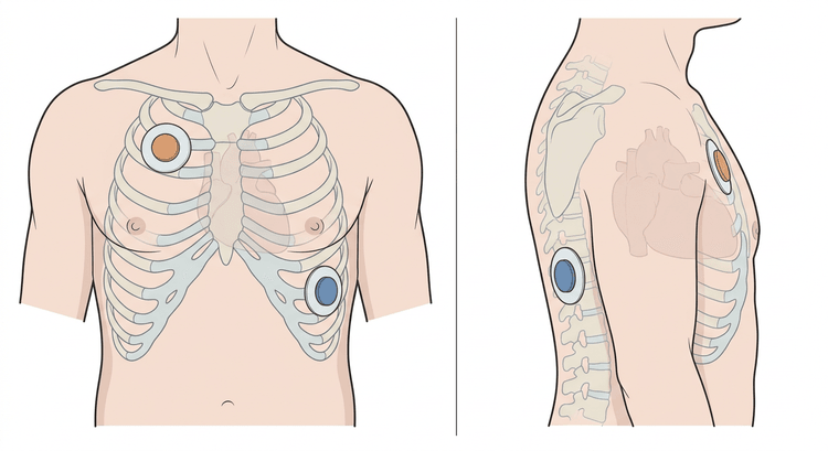 Two panels: the chest from the front with a pad below the right clavicle and one over the apex in the left axillary line, and the chest in profile with one pad anteriorly over the praecordium and one on the back between the scapula and the spine