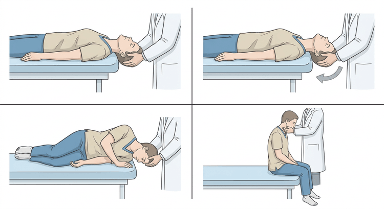 Four panels showing the Epley manoeuvre in sequence: supine with the head turned towards the affected side, the head turned in the opposite direction, the side-lying position with the face down, and finally sitting