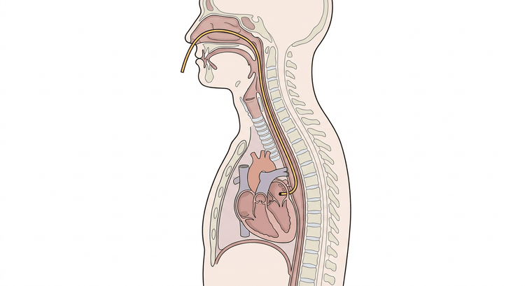 Sagittal section through the neck and thorax with an electrode running from the nostril through the pharynx down into the oesophagus and ending behind the heart at the level of the left atrium