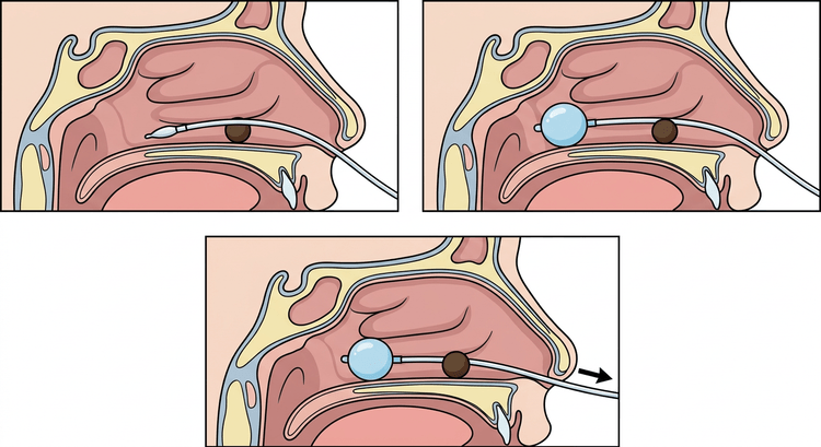 Three sagittal sections through a child's nose showing a balloon catheter passed beyond a round object, inflated behind it and drawing it out through the nostril