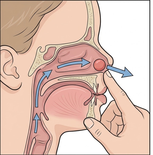 Sagittal section through a child's nose and pharynx in which an adult occludes the free nostril and blows into the child's mouth, with arrows showing the air passing up through the pharynx and forwards through the nasal passage so that the object is pushed out