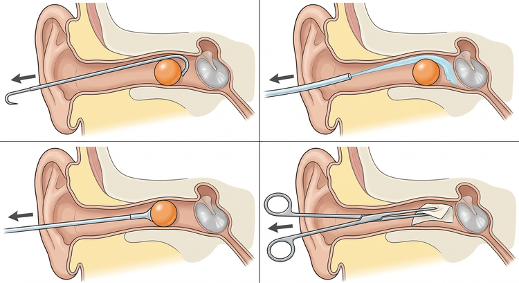 Four sections through the ear canal showing an angled hook behind a round object, irrigation along the canal wall past the object, a suction catheter against the surface of the object, and alligator forceps around a soft object