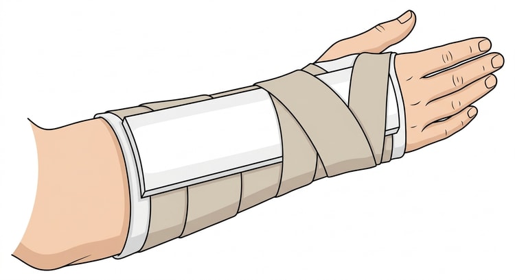 Forearm and hand with a white plaster slab on the dorsal aspect from below the elbow to the knuckles, secured with an elastic bandage, with the fingers and thumb free