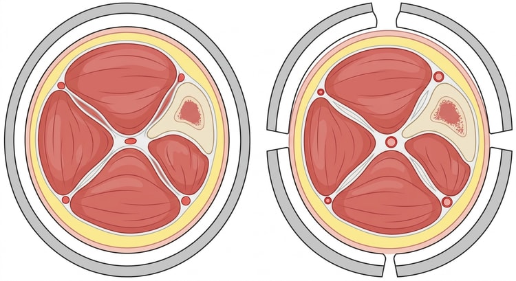Two cross-sections through a limb in a cast, on the left with the cast closed and the vessels compressed, on the right with the cast split on two sides and the vessels open