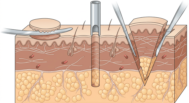 Section through skin showing shave, punch and excisional biopsy side by side at different depths through the epidermis, dermis and subcutis
