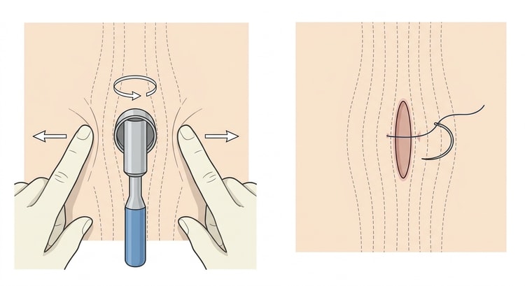 Two panels of the punch technique: the skin stretched apart perpendicular to the tension lines while the punch is rotated, and the oval defect that results when the skin is released