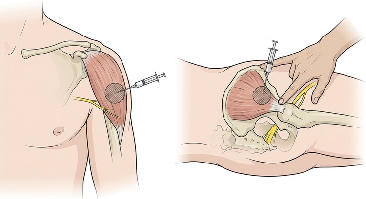 Two panels: the shoulder from the front with the deltoid muscle and the injection site, and the hip in the lateral position with the examiner's hand forming a triangle over gluteus medius