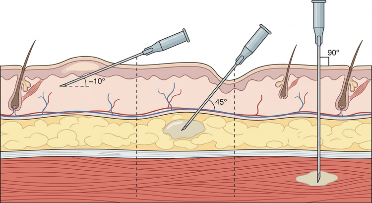 Section through skin, subcutaneous tissue and muscle with three needles inserted at different angles and depths