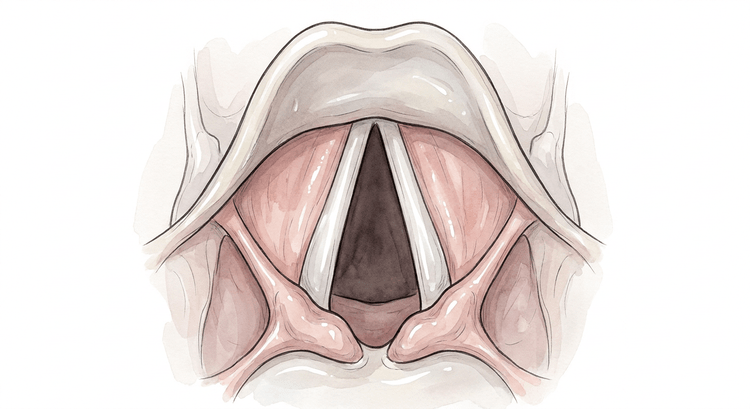 Laryngoscopic view of the laryngeal inlet with the epiglottis above, the white vocal cords around the triangular glottic opening and the arytenoid cartilages below