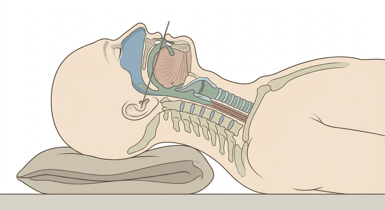 Sagittal section through the head and neck of a supine patient with a pillow under the occiput, the neck flexed and the head extended at the atlanto-occipital joint
