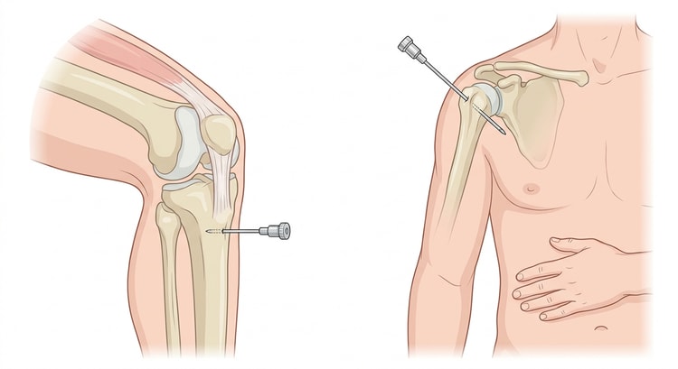 Two illustrations showing an intraosseous needle in the upper part of the tibia and in the head of the humerus respectively