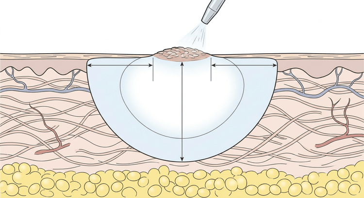 Section through skin in which a hemispherical ice ball extends down through the dermis and laterally beyond the edges of the lesion, with arrows for the lateral margin and the depth