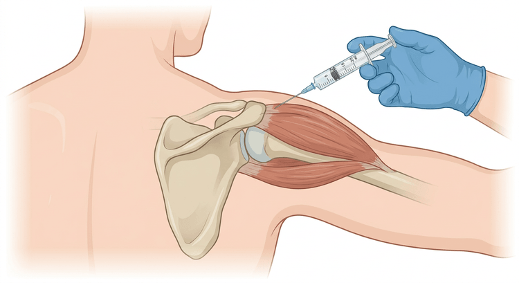 The right shoulder seen from behind with the scapula, the acromion and the humeral head, and a needle inserted just below the posterior corner of the acromion directed forwards into the joint space