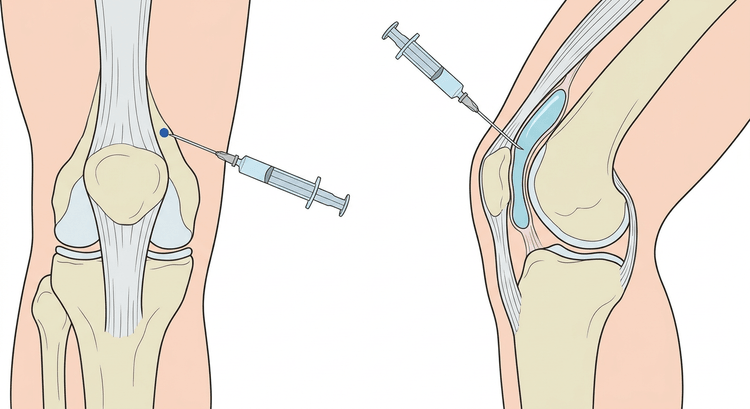 The knee from the front with the puncture site at the superolateral corner of the patella, and a sagittal section with the needle tip in the fluid-filled recess above the kneecap