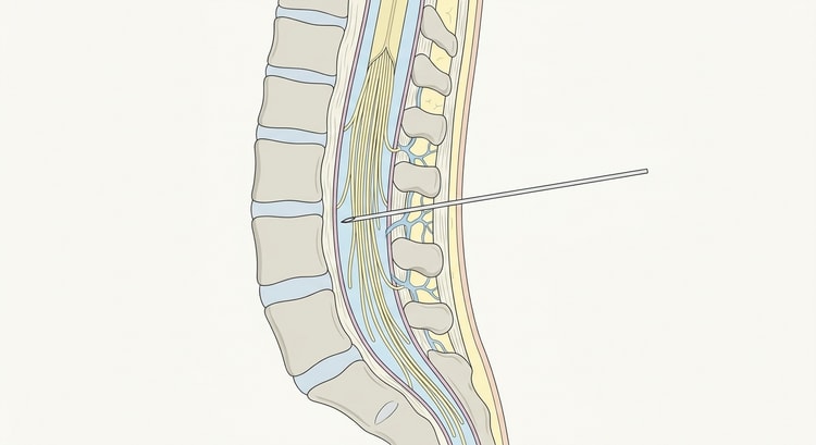 Sagittal section through the lumbar spine with the spinal needle inserted between two spinous processes and the tip in the cerebrospinal fluid space among the roots of the cauda equina