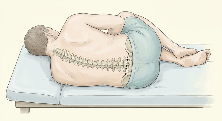 A patient in the lateral position with the knees drawn up and the back flexed, seen from behind, with a dashed line between the iliac crests