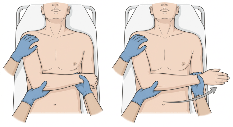 A patient lying supine with the upper arm against the trunk and the elbow flexed, with the examiner moving the forearm outwards in two stages