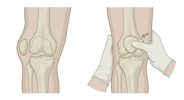 The right knee from the front, in the left picture with the kneecap displaced laterally and in the right picture with a thumb pushing it back towards the midline