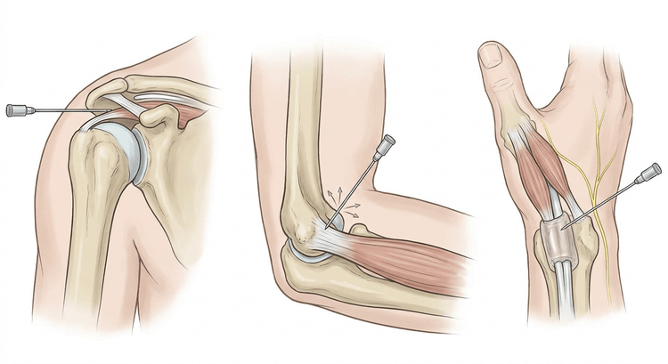 Three panels showing the needle position for subacromial injection, for lateral epicondylitis and for de Quervain's tenosynovitis