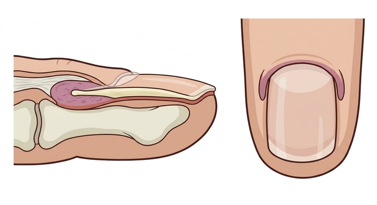 The nail apparatus in longitudinal section beside the same nail seen from above, with the matrix proximally beneath the nail fold and the matrix horns in the proximal corners