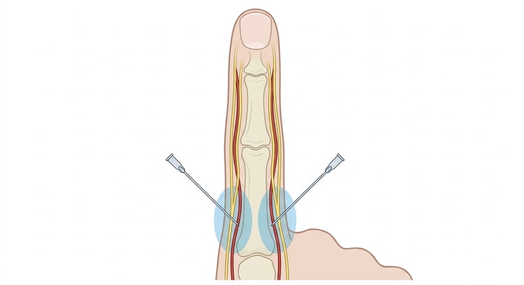 A finger seen from the dorsal aspect with two needles inserted on either side of the base of the proximal phalanx and zones of spread around the volar nerve bundles