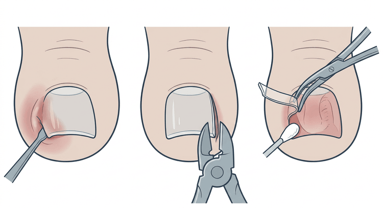 Three panels of partial nail avulsion on a great toe: the elevator beneath the nail edge, the nail splitter cutting longitudinally, and the freed segment being twisted out while a cotton bud is advanced towards the matrix horn