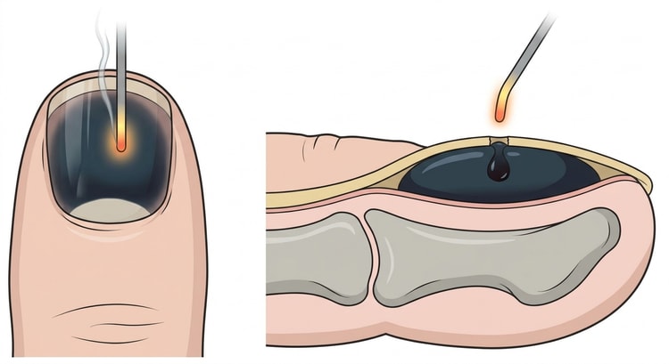 A fingertip with a dark subungual haematoma and a cautery tip over the middle of the nail, together with a section showing the hole through the nail plate and the blood draining out