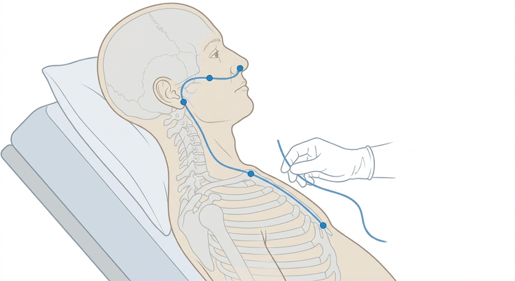 A semi-recumbent patient in profile with the tube being measured from the tip of the nose via the earlobe down to the xiphoid process