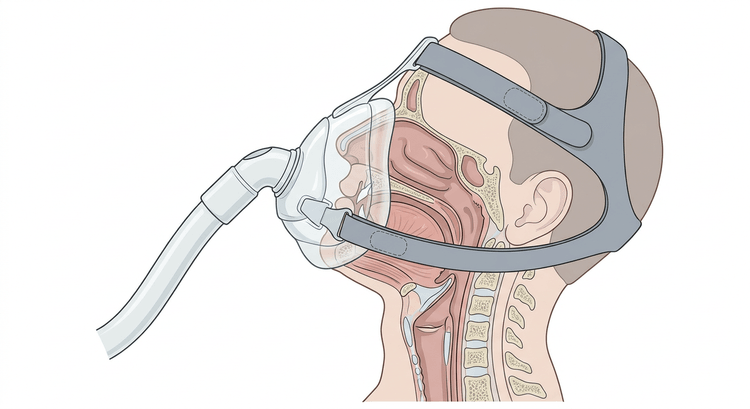 Sagittal section through the head and neck with a tightly fitting oronasal NIV mask over nose and mouth, held by head straps, and the upper airway visible in section