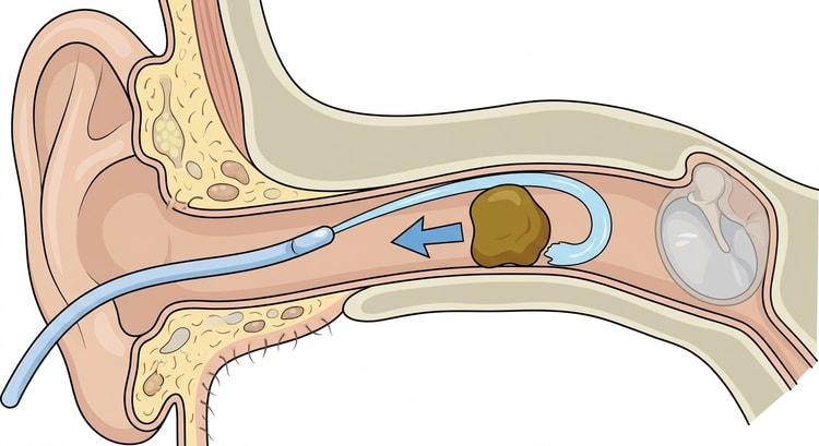 Section through the ear canal with the irrigation catheter inserted half a centimetre and the jet of water directed along the superior posterior wall past the wax plug, which is pushed outwards