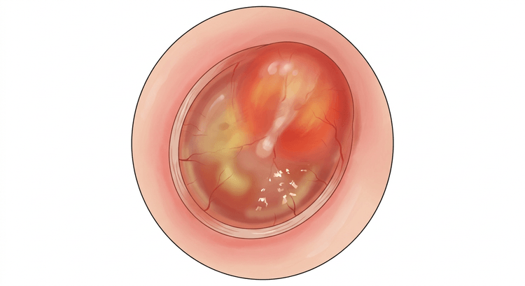 Otoscopic view in acute otitis media: a markedly red, opaque tympanic membrane bulging outwards, with the light reflex obliterated and the handle of the malleus obscured