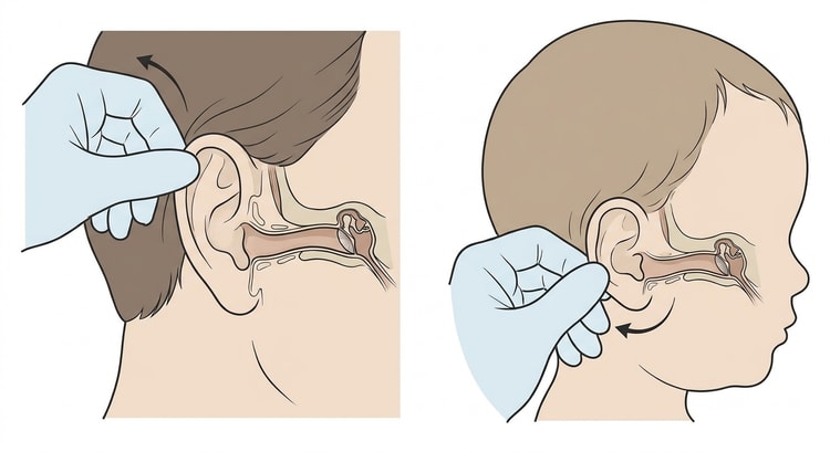 Two panels: in the adult the pinna is pulled upwards and backwards, in the small child downwards and backwards, and in both cases the straightened ear canal is shown in section