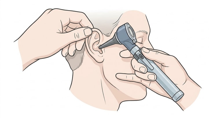 An examiner holds the otoscope like a pen with the little and ring fingers resting against the patient's cheek, while the other hand pulls the pinna upwards and backwards