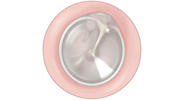 Otoscopic view of a normal tympanic membrane: pearly grey and semi-translucent with the handle of the malleus as a pale streak and a triangular light reflex below the centre