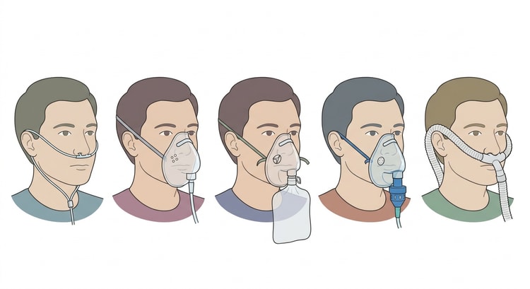 Five portraits in a row of the same patient with different oxygen delivery systems: nasal cannula, simple face mask, mask with a reservoir bag, Venturi mask with a valve barrel, and high-flow nasal cannula with wide-bore tubing